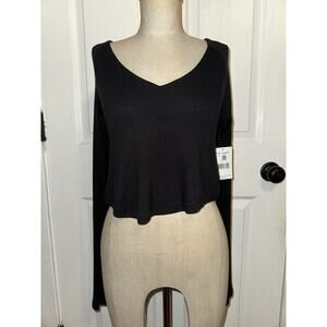 NEW FREE PEOPLE Long Sleeve Black Crop Top w/ Back‎ Floral Ties Sz S